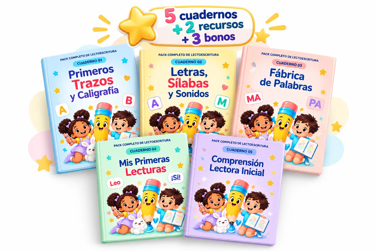 Pack Completo de Lectoescritura con los cinco cuadernos principales y la etiqueta: 5 cuadernos + 2 recursos + 3 bonos.