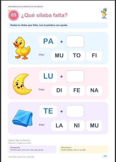 Muestra real del interior del pack: ¿Qué sílaba falta?