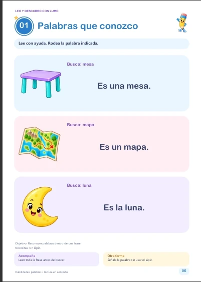 Muestra real del interior del pack: Palabras que conozco