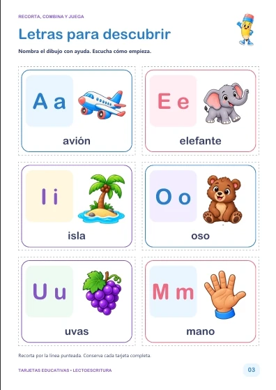 Muestra real del interior del pack: Letras para descubrir