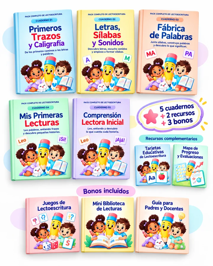 Pack Completo de Lectoescritura: 5 cuadernos principales, 2 recursos complementarios y 3 bonos incluidos.